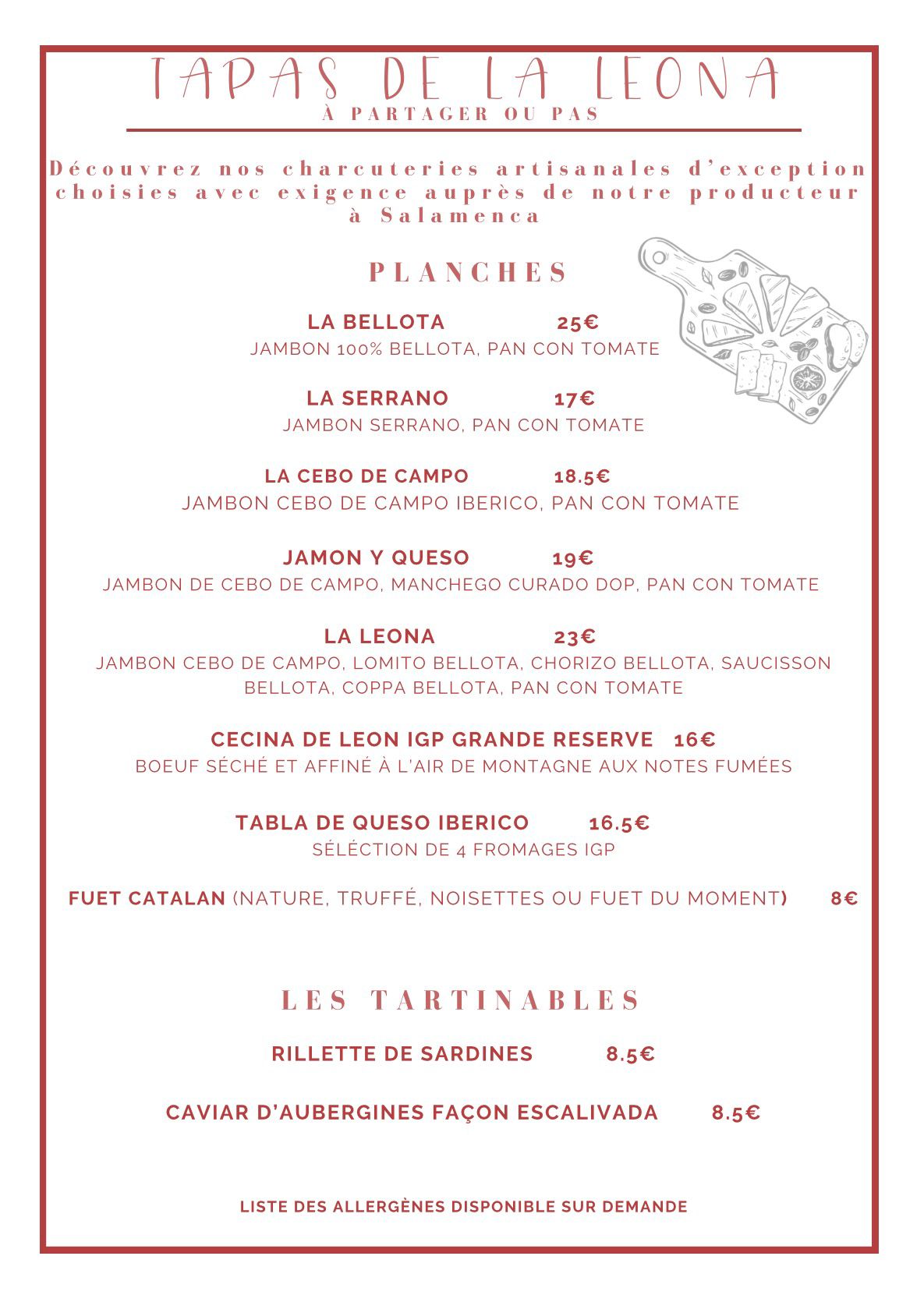 Menu du jour et carte des tapas restaurant espagnol La Leona Tassin-la-Demi-Lune