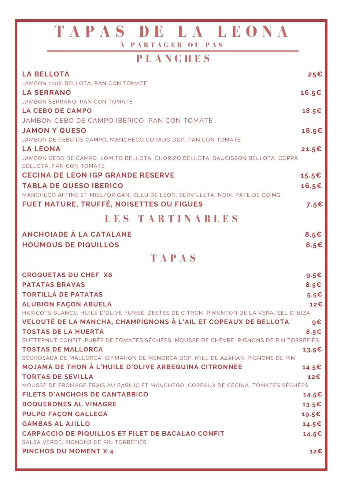 Menu du jour et carte des tapas restaurant espagnol La Leona Tassin-la-Demi-Lune